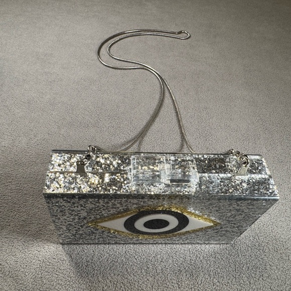 Silver Glitter Evil Eye Clutch with Strap - Picture 3 of 12